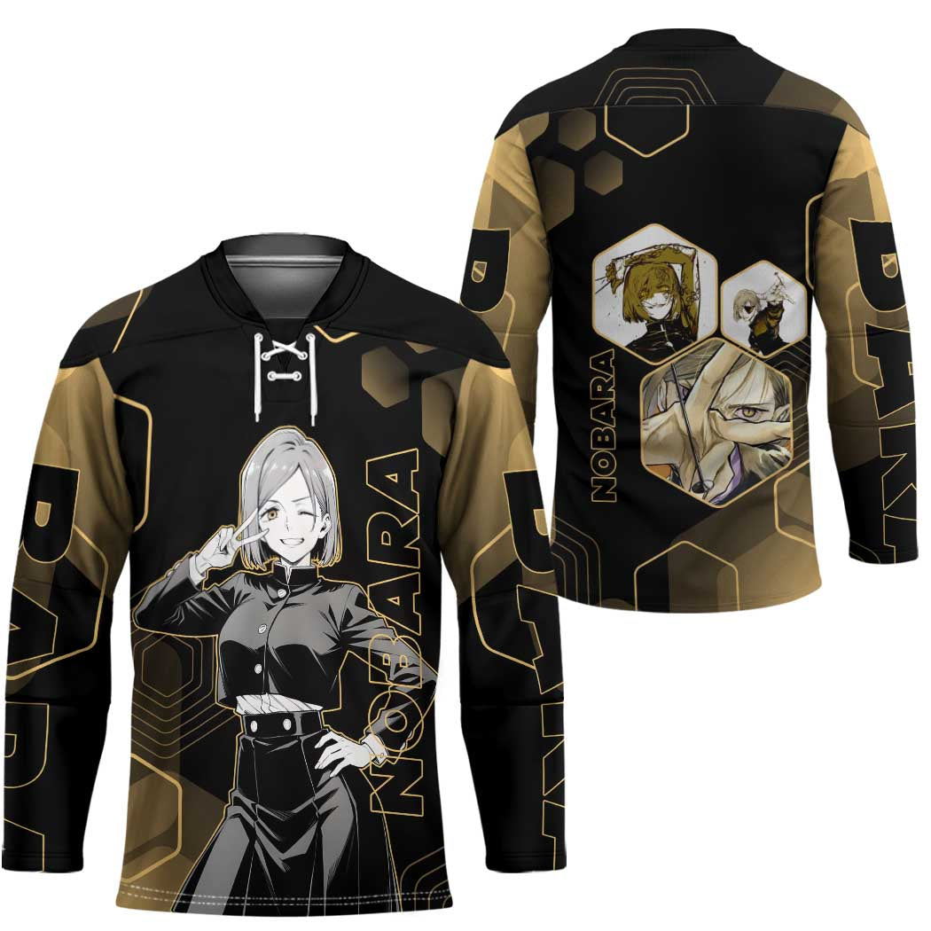 Nobara Kugisaki Jujutsu Kaisen Gold Hexagon Design Hockey Jersey with Confident Expressions and Manga Style Art - The Mazicc