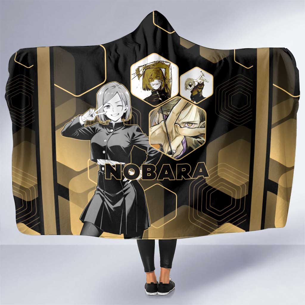 Nobara Kugisaki Jujutsu Kaisen Gold Hexagon Design Hooded Blanket with Confident Expressions and Manga Style Art - The Mazicc