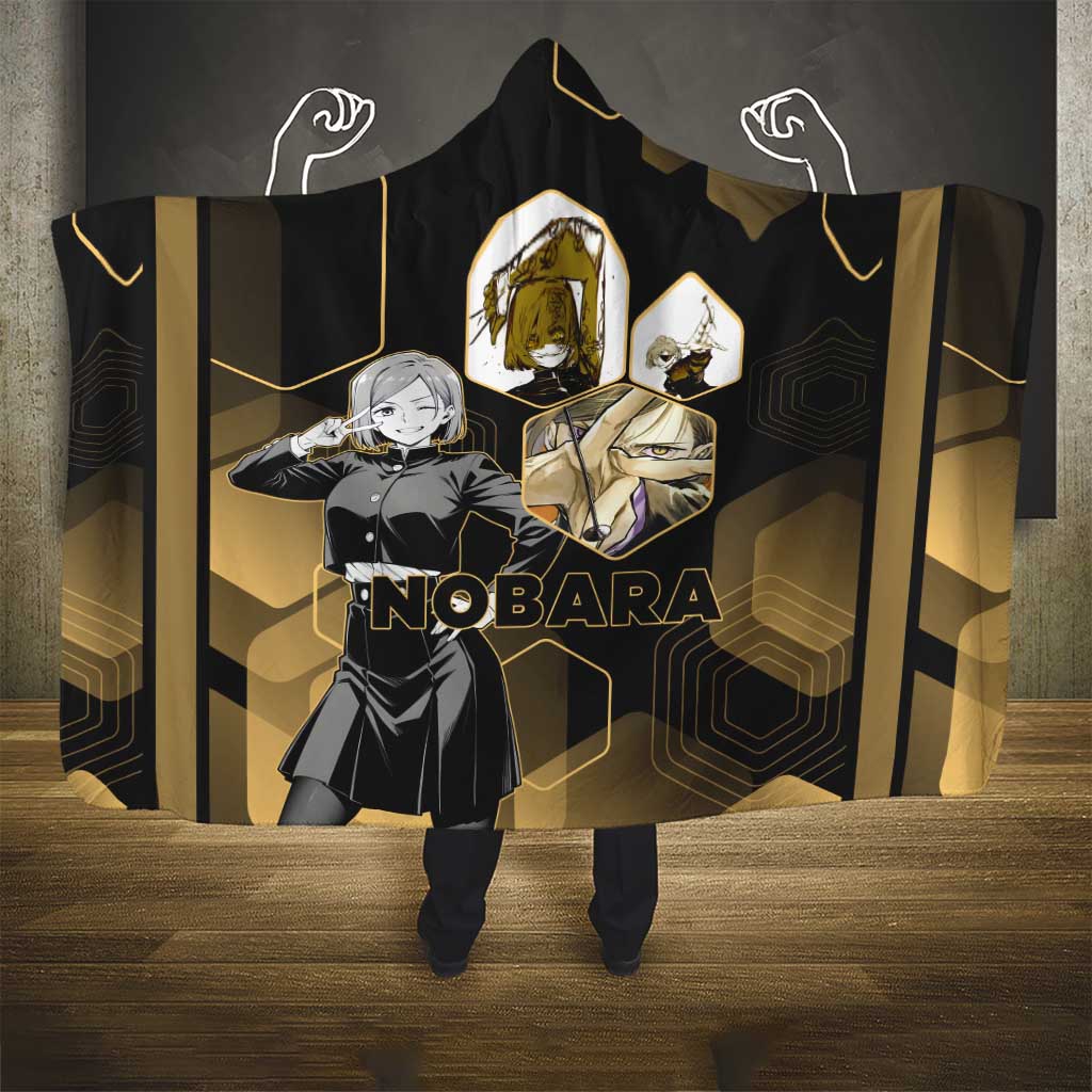 Nobara Kugisaki Jujutsu Kaisen Gold Hexagon Design Hooded Blanket with Confident Expressions and Manga Style Art - The Mazicc