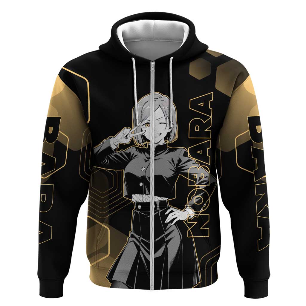 Nobara Kugisaki Jujutsu Kaisen Gold Hexagon Design Hoodie with Confident Expressions and Manga Style Art - The Mazicc