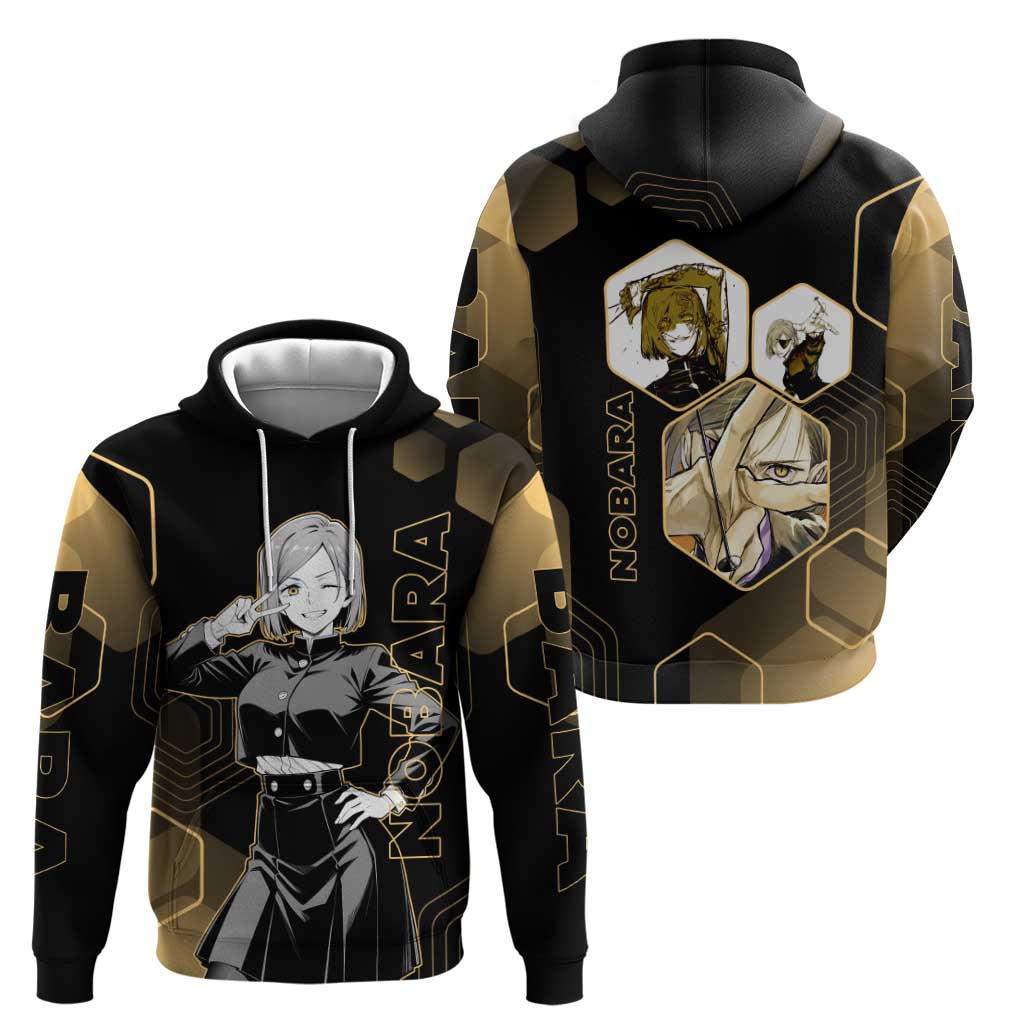 Nobara Kugisaki Jujutsu Kaisen Gold Hexagon Design Hoodie with Confident Expressions and Manga Style Art - The Mazicc
