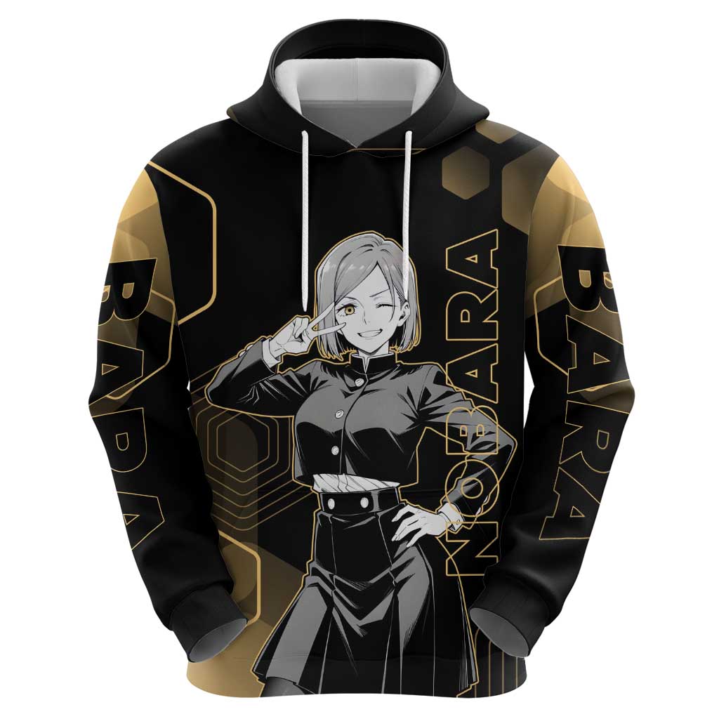 Nobara Kugisaki Jujutsu Kaisen Gold Hexagon Design Hoodie with Confident Expressions and Manga Style Art - The Mazicc