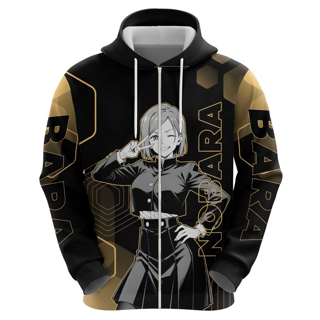 Nobara Kugisaki Jujutsu Kaisen Gold Hexagon Design Hoodie with Confident Expressions and Manga Style Art - The Mazicc