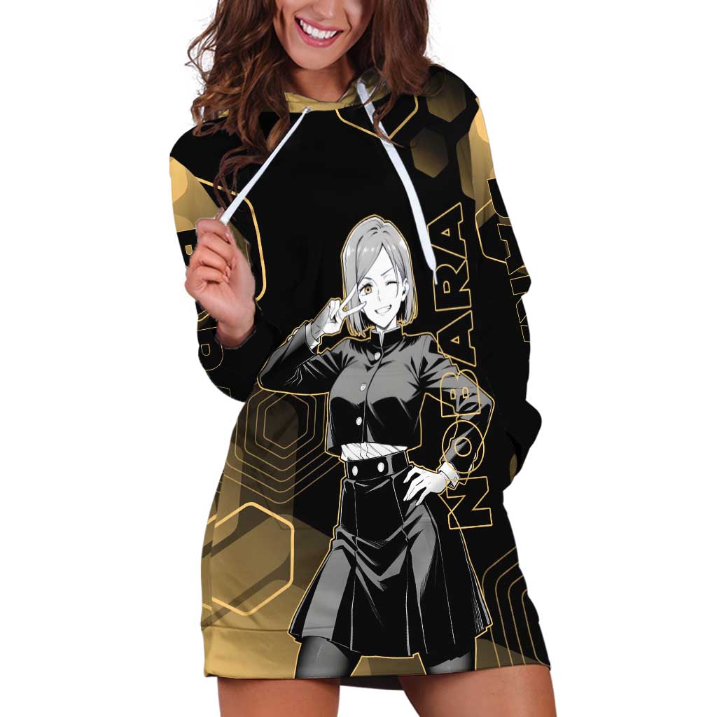 Nobara Kugisaki Jujutsu Kaisen Gold Hexagon Design Hoodie Dress with Confident Expressions and Manga Style Art - The Mazicc