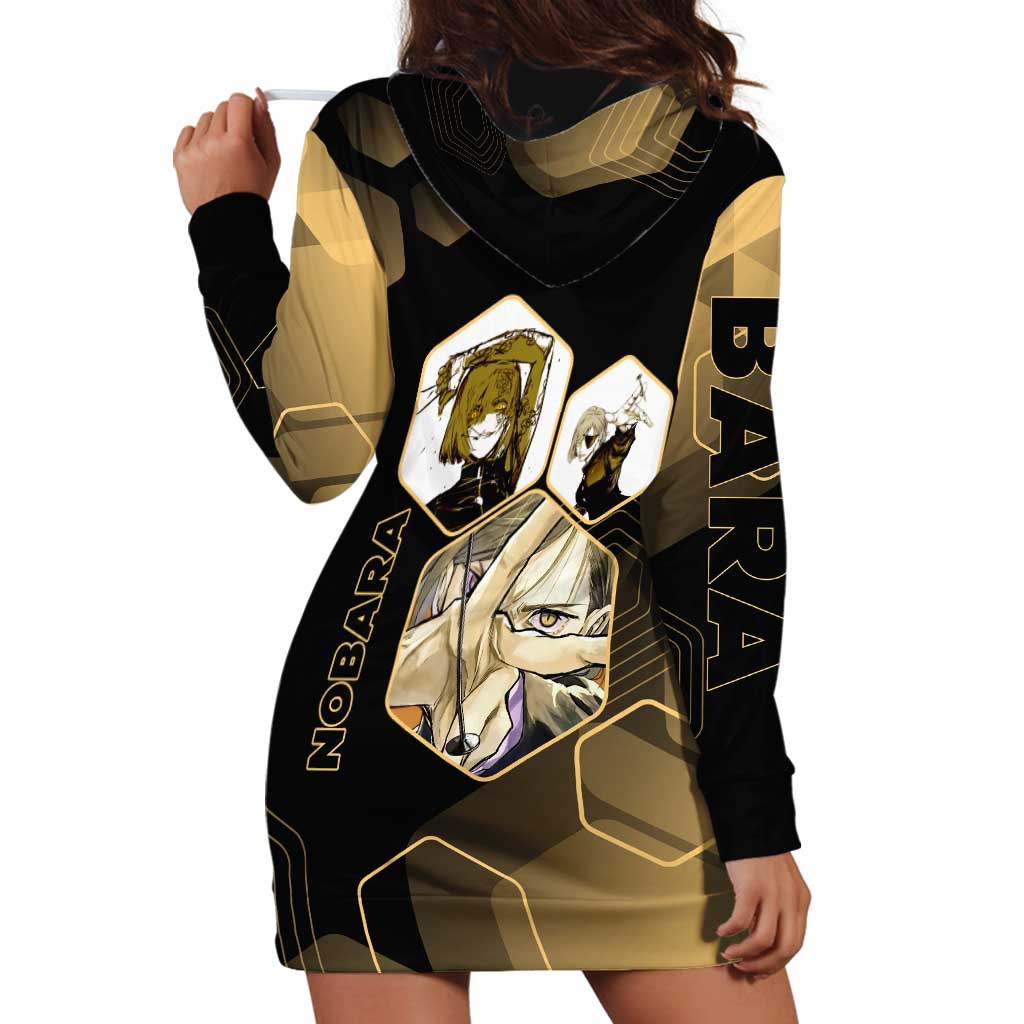 Nobara Kugisaki Jujutsu Kaisen Gold Hexagon Design Hoodie Dress with Confident Expressions and Manga Style Art - The Mazicc