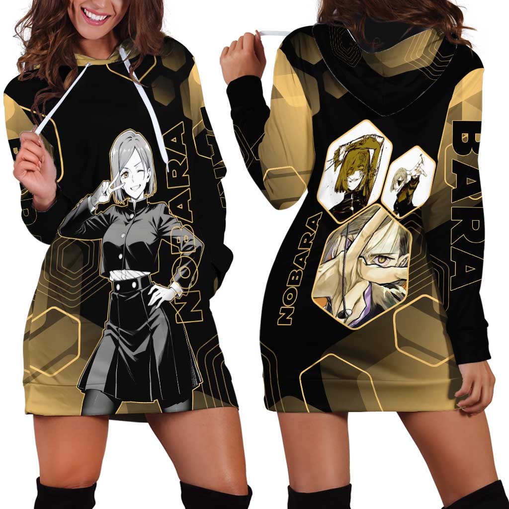 Nobara Kugisaki Jujutsu Kaisen Gold Hexagon Design Hoodie Dress with Confident Expressions and Manga Style Art - The Mazicc