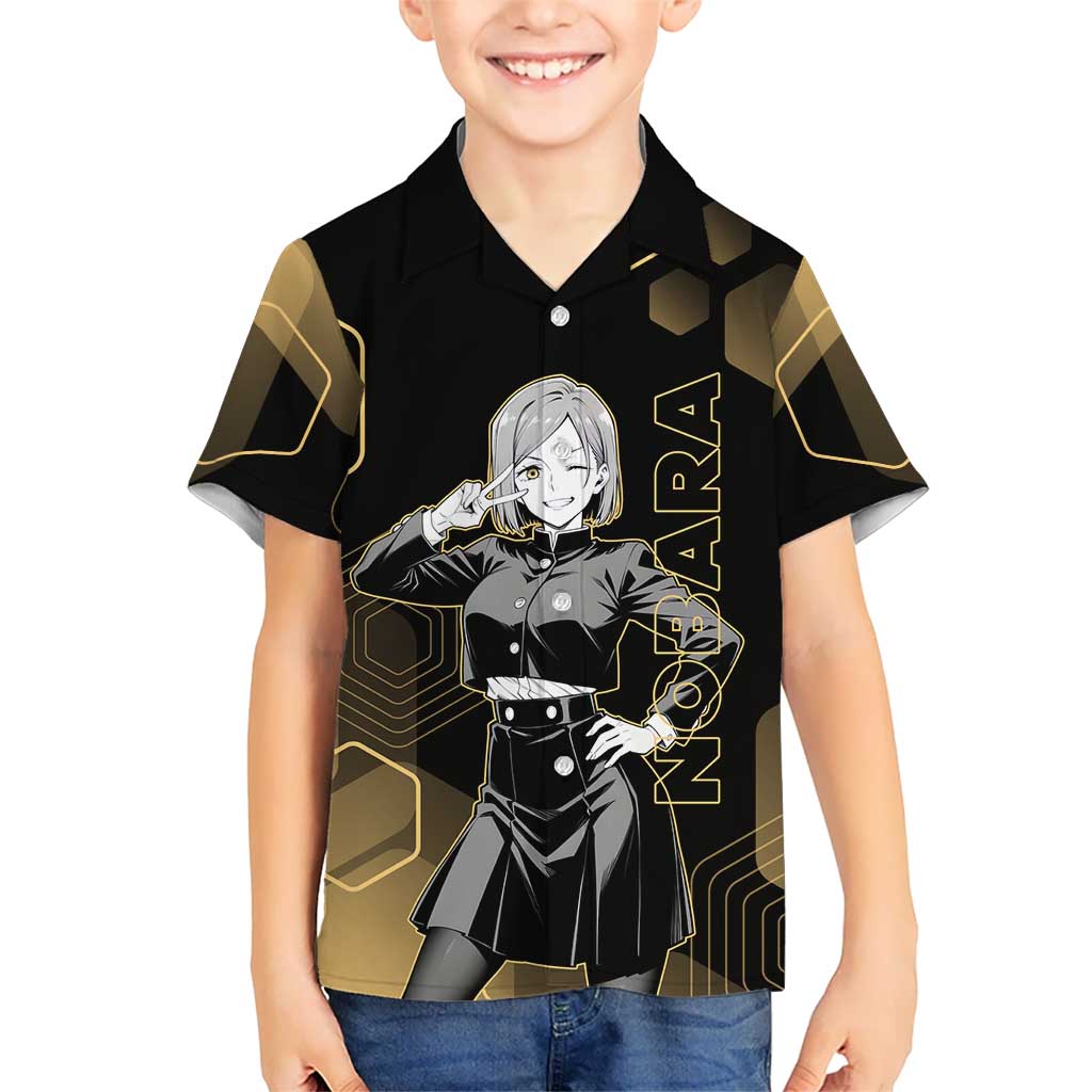 Nobara Kugisaki Jujutsu Kaisen Gold Hexagon Design Kid Hawaiian Shirt with Confident Expressions and Manga Style Art - The Mazicc