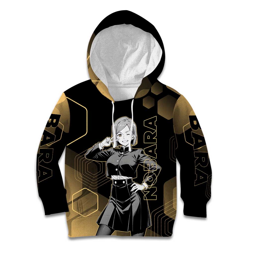Nobara Kugisaki Jujutsu Kaisen Gold Hexagon Design Kid Hoodie with Confident Expressions and Manga Style Art - The Mazicc