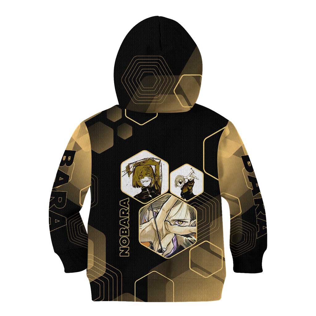 Nobara Kugisaki Jujutsu Kaisen Gold Hexagon Design Kid Hoodie with Confident Expressions and Manga Style Art - The Mazicc