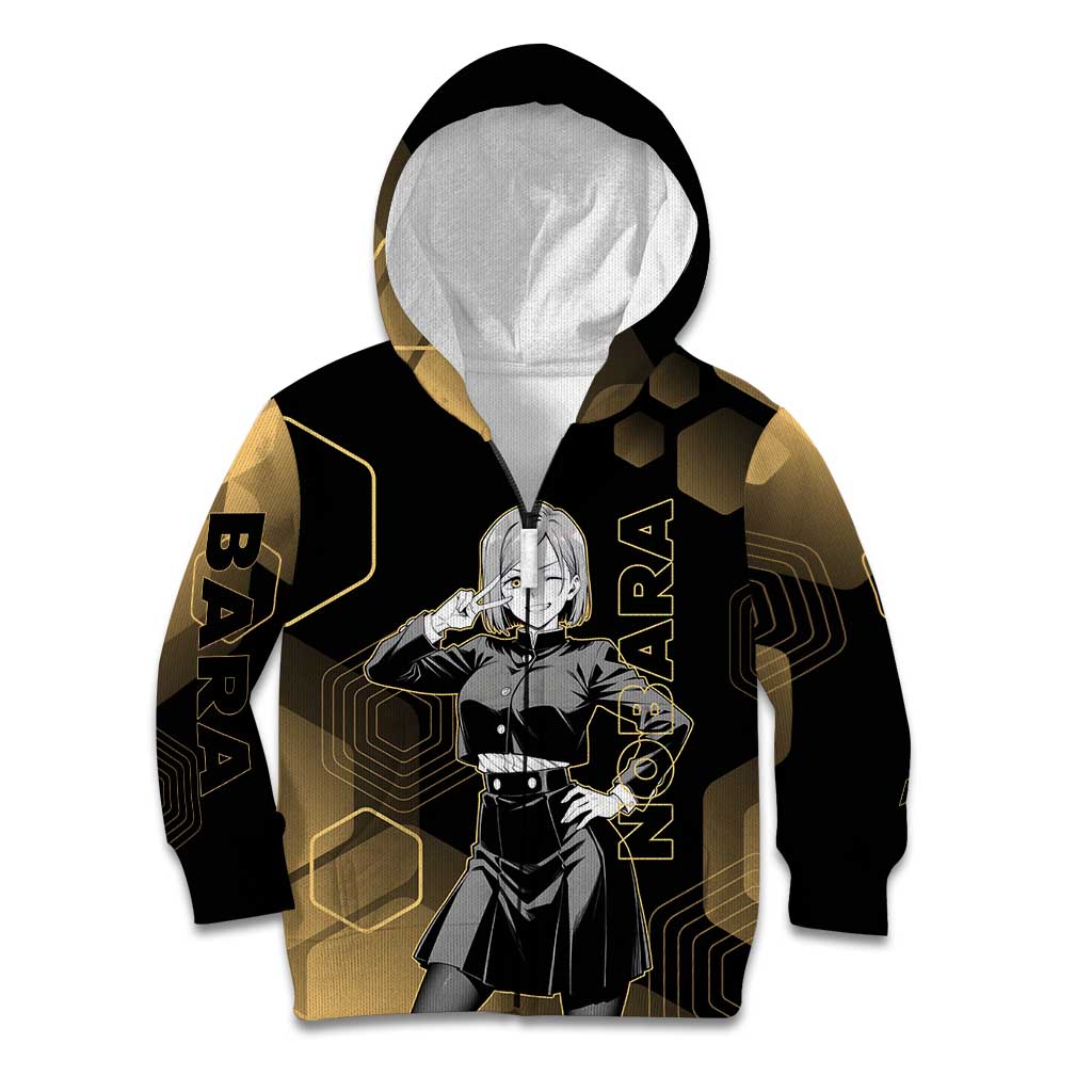 Nobara Kugisaki Jujutsu Kaisen Gold Hexagon Design Kid Hoodie with Confident Expressions and Manga Style Art - The Mazicc