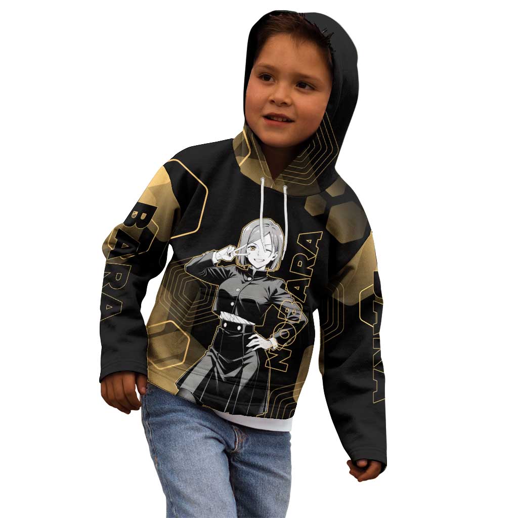 Nobara Kugisaki Jujutsu Kaisen Gold Hexagon Design Kid Hoodie with Confident Expressions and Manga Style Art - The Mazicc