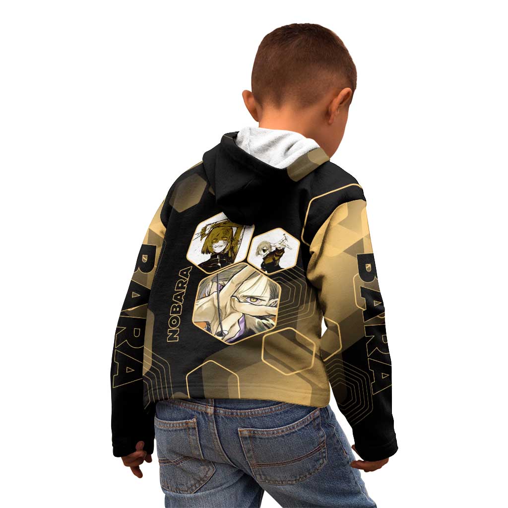 Nobara Kugisaki Jujutsu Kaisen Gold Hexagon Design Kid Hoodie with Confident Expressions and Manga Style Art - The Mazicc