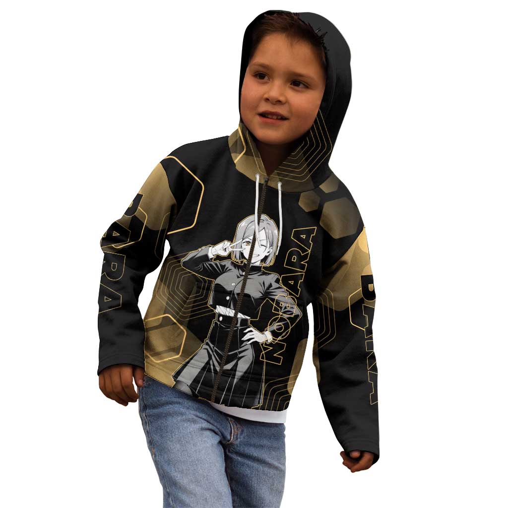 Nobara Kugisaki Jujutsu Kaisen Gold Hexagon Design Kid Hoodie with Confident Expressions and Manga Style Art - The Mazicc