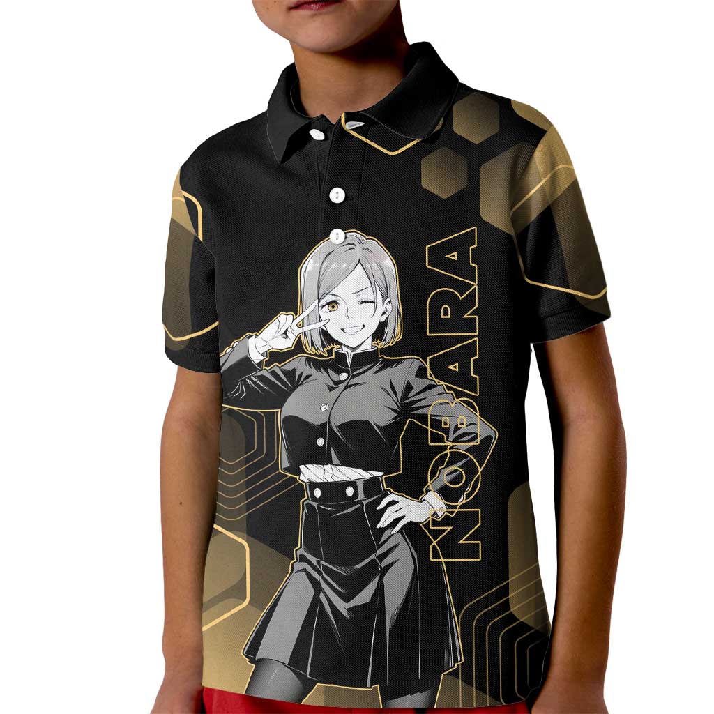 Nobara Kugisaki Jujutsu Kaisen Gold Hexagon Design Kid Polo Shirt with Confident Expressions and Manga Style Art - The Mazicc