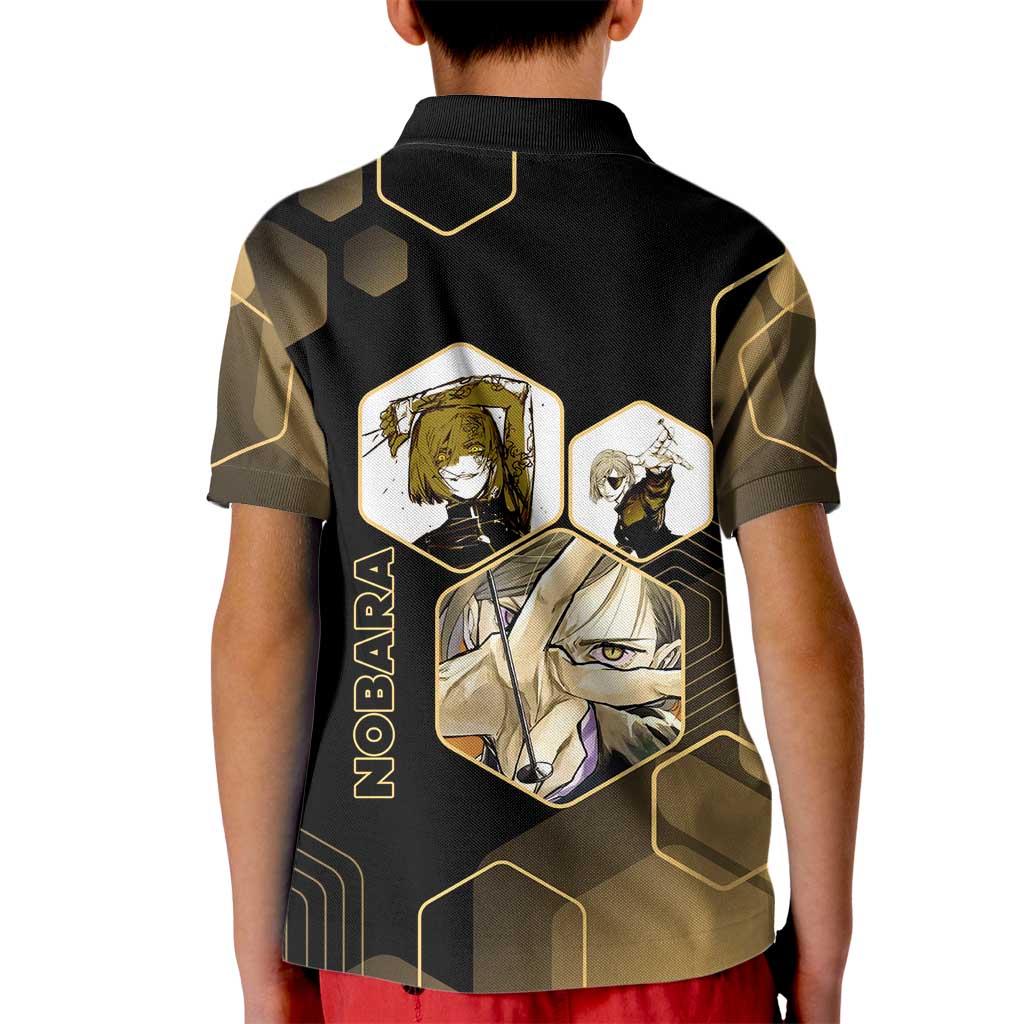Nobara Kugisaki Jujutsu Kaisen Gold Hexagon Design Kid Polo Shirt with Confident Expressions and Manga Style Art - The Mazicc