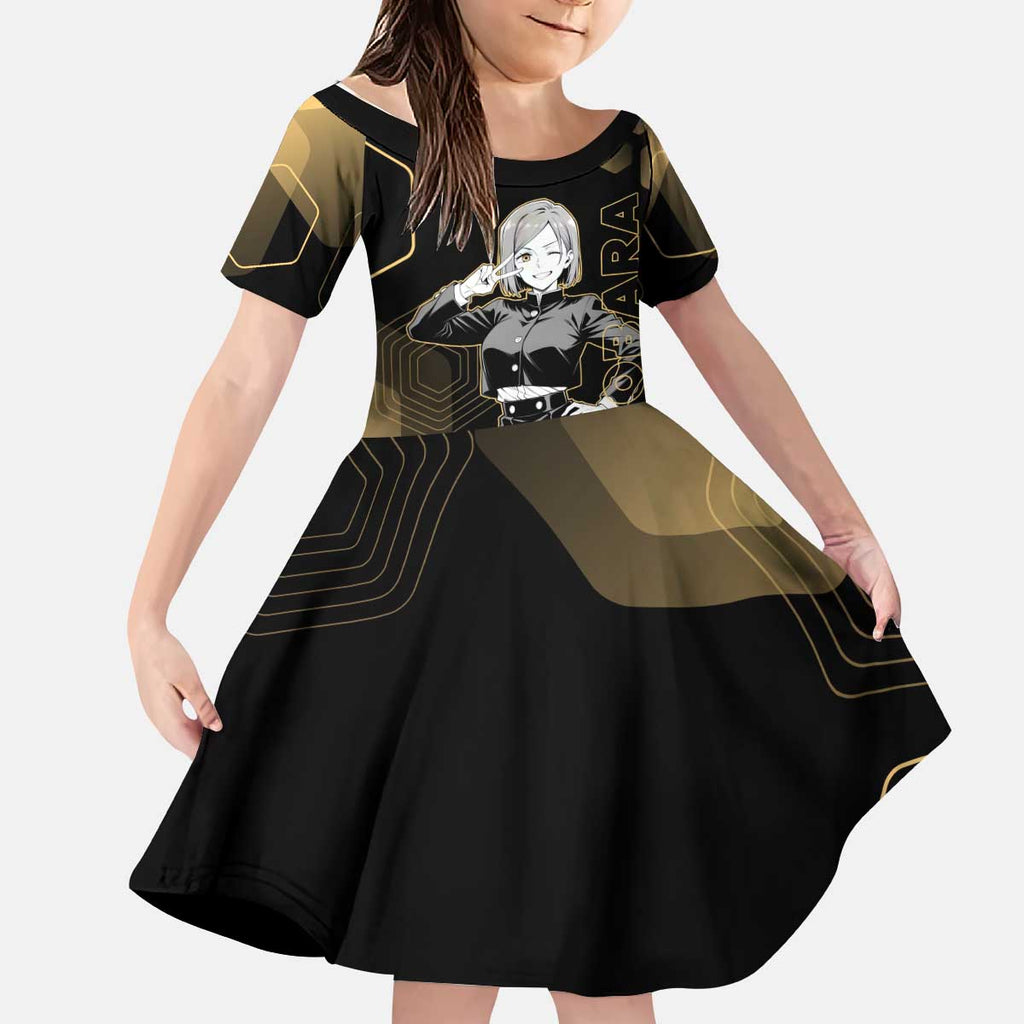 Nobara Kugisaki Jujutsu Kaisen Gold Hexagon Design Kid Short Sleeve Dress with Confident Expressions and Manga Style Art - The Mazicc