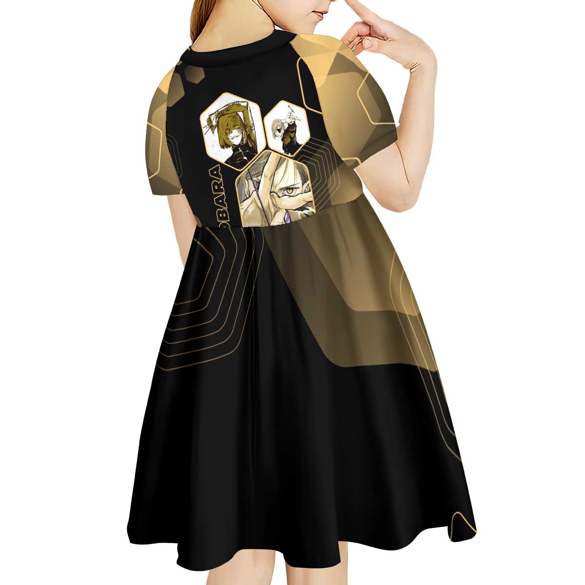 Nobara Kugisaki Jujutsu Kaisen Gold Hexagon Design Kid Short Sleeve Dress with Confident Expressions and Manga Style Art - The Mazicc