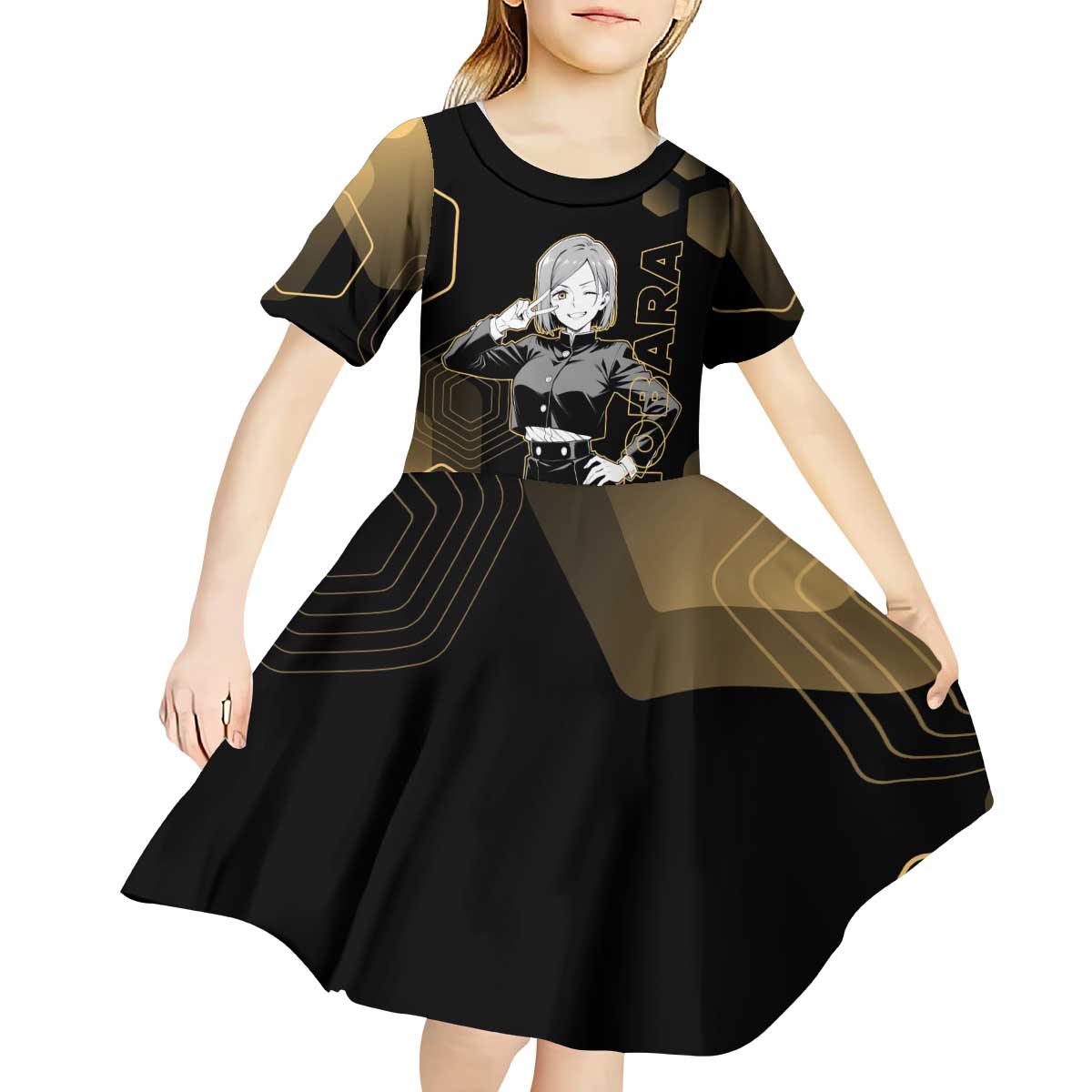 Nobara Kugisaki Jujutsu Kaisen Gold Hexagon Design Kid Short Sleeve Dress with Confident Expressions and Manga Style Art - The Mazicc