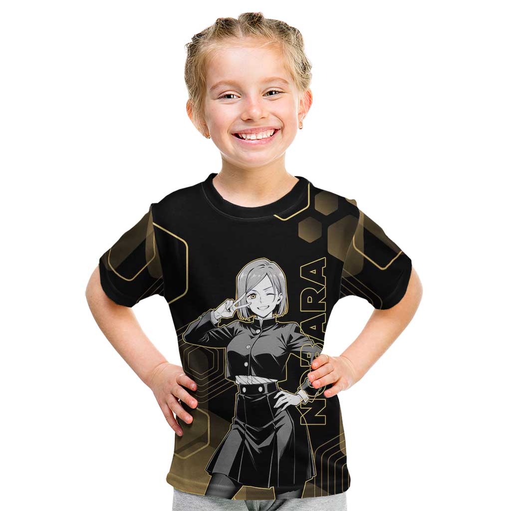Nobara Kugisaki Jujutsu Kaisen Gold Hexagon Design Kid T Shirt with Confident Expressions and Manga Style Art - The Mazicc