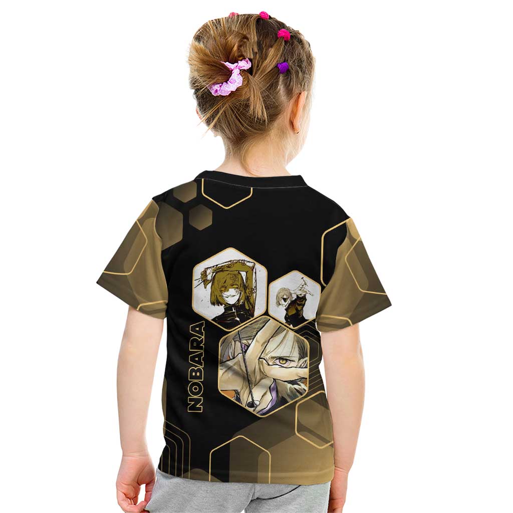 Nobara Kugisaki Jujutsu Kaisen Gold Hexagon Design Kid T Shirt with Confident Expressions and Manga Style Art - The Mazicc