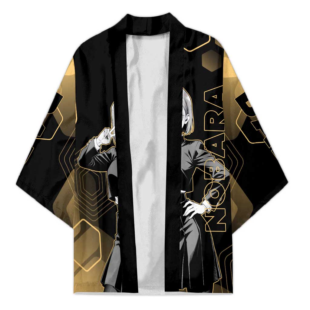 Nobara Kugisaki Jujutsu Kaisen Gold Hexagon Design Kimono with Confident Expressions and Manga Style Art - The Mazicc