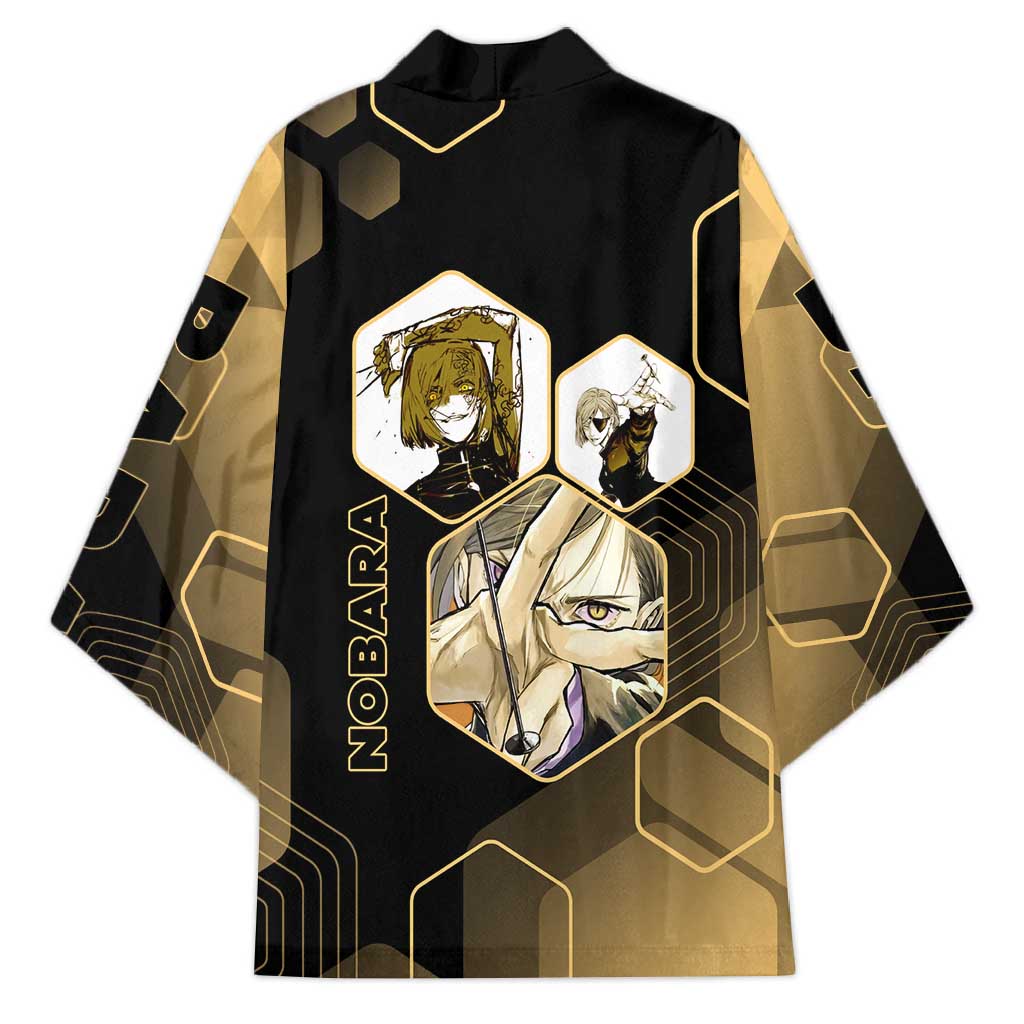 Nobara Kugisaki Jujutsu Kaisen Gold Hexagon Design Kimono with Confident Expressions and Manga Style Art - The Mazicc