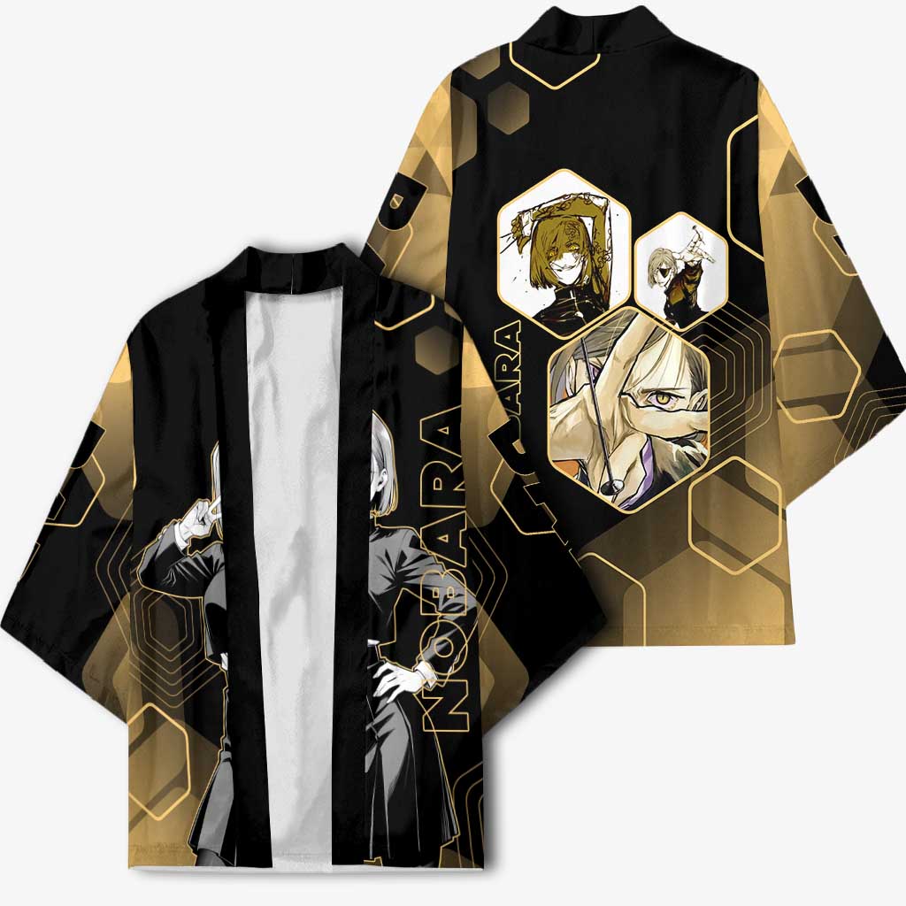 Nobara Kugisaki Jujutsu Kaisen Gold Hexagon Design Kimono with Confident Expressions and Manga Style Art - The Mazicc