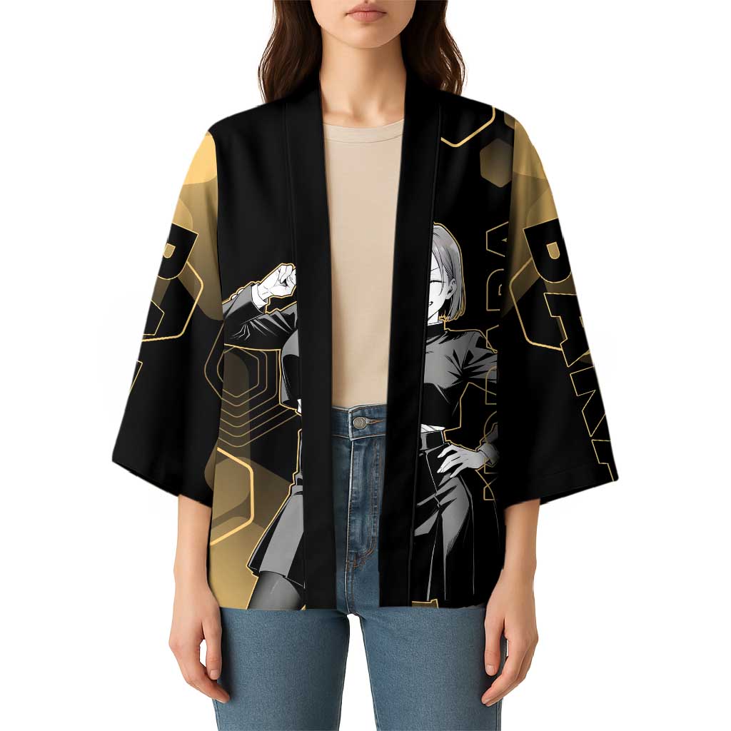 Nobara Kugisaki Jujutsu Kaisen Gold Hexagon Design Kimono with Confident Expressions and Manga Style Art - The Mazicc