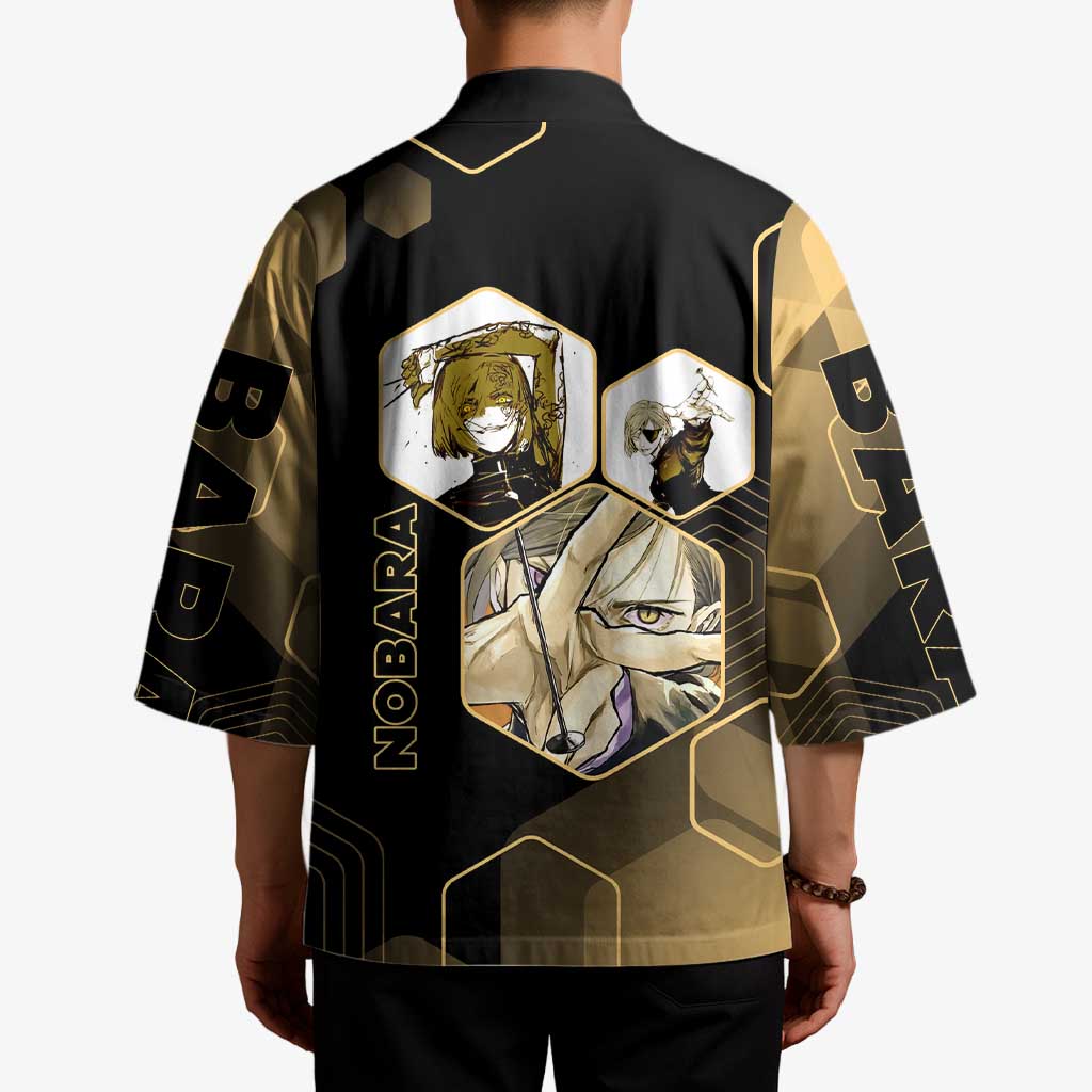 Nobara Kugisaki Jujutsu Kaisen Gold Hexagon Design Kimono with Confident Expressions and Manga Style Art - The Mazicc