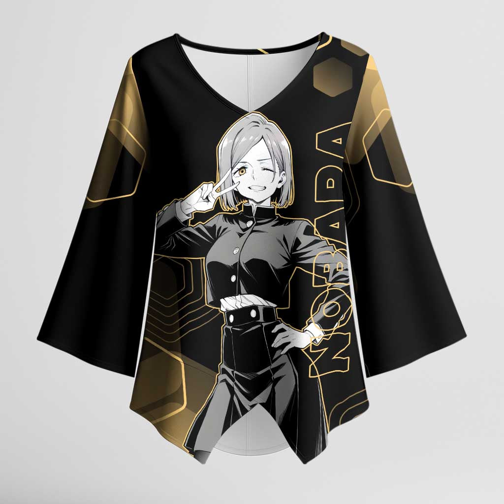 Nobara Kugisaki Jujutsu Kaisen Gold Hexagon Design Kimono Sleeve Blouse with Confident Expressions and Manga Style Art - The Mazicc