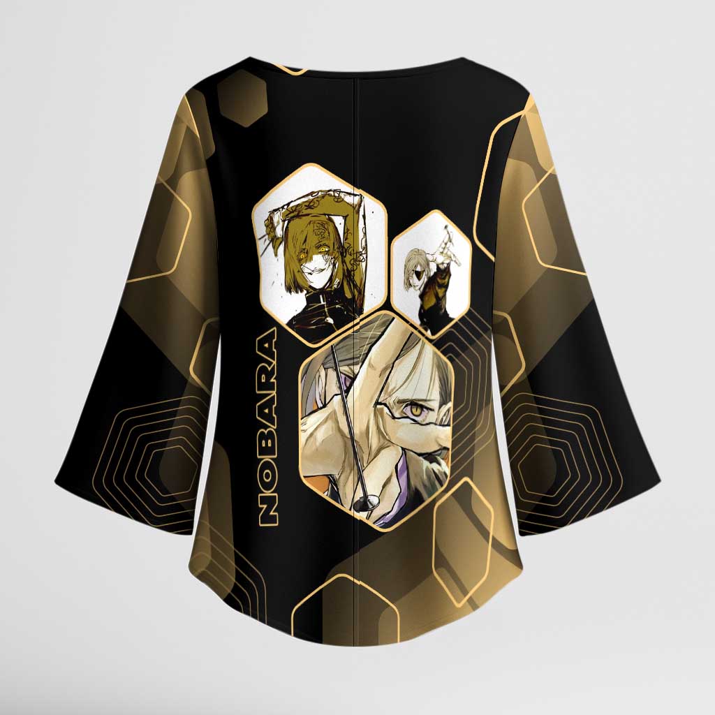 Nobara Kugisaki Jujutsu Kaisen Gold Hexagon Design Kimono Sleeve Blouse with Confident Expressions and Manga Style Art - The Mazicc