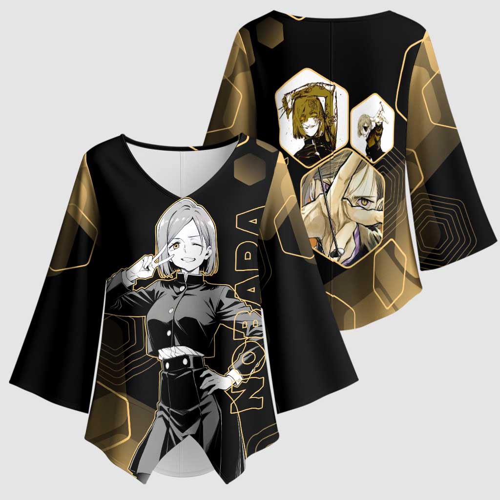 Nobara Kugisaki Jujutsu Kaisen Gold Hexagon Design Kimono Sleeve Blouse with Confident Expressions and Manga Style Art - The Mazicc
