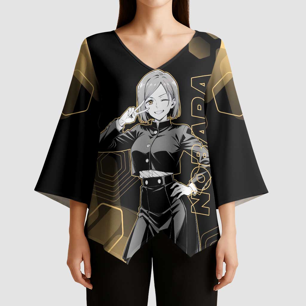 Nobara Kugisaki Jujutsu Kaisen Gold Hexagon Design Kimono Sleeve Blouse with Confident Expressions and Manga Style Art - The Mazicc
