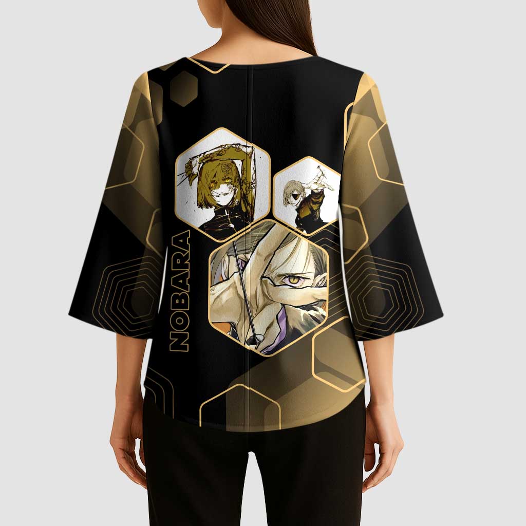 Nobara Kugisaki Jujutsu Kaisen Gold Hexagon Design Kimono Sleeve Blouse with Confident Expressions and Manga Style Art - The Mazicc