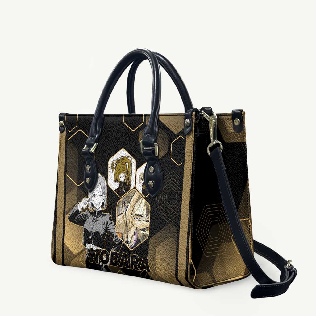 Nobara Kugisaki Jujutsu Kaisen Gold Hexagon Design Leather Bag with Confident Expressions and Manga Style Art - The Mazicc