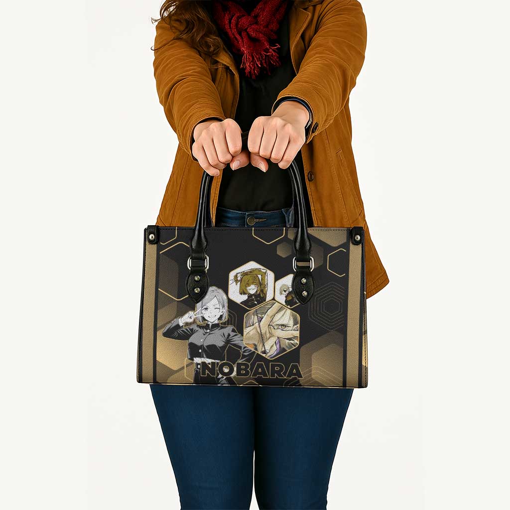 Nobara Kugisaki Jujutsu Kaisen Gold Hexagon Design Leather Bag with Confident Expressions and Manga Style Art - The Mazicc