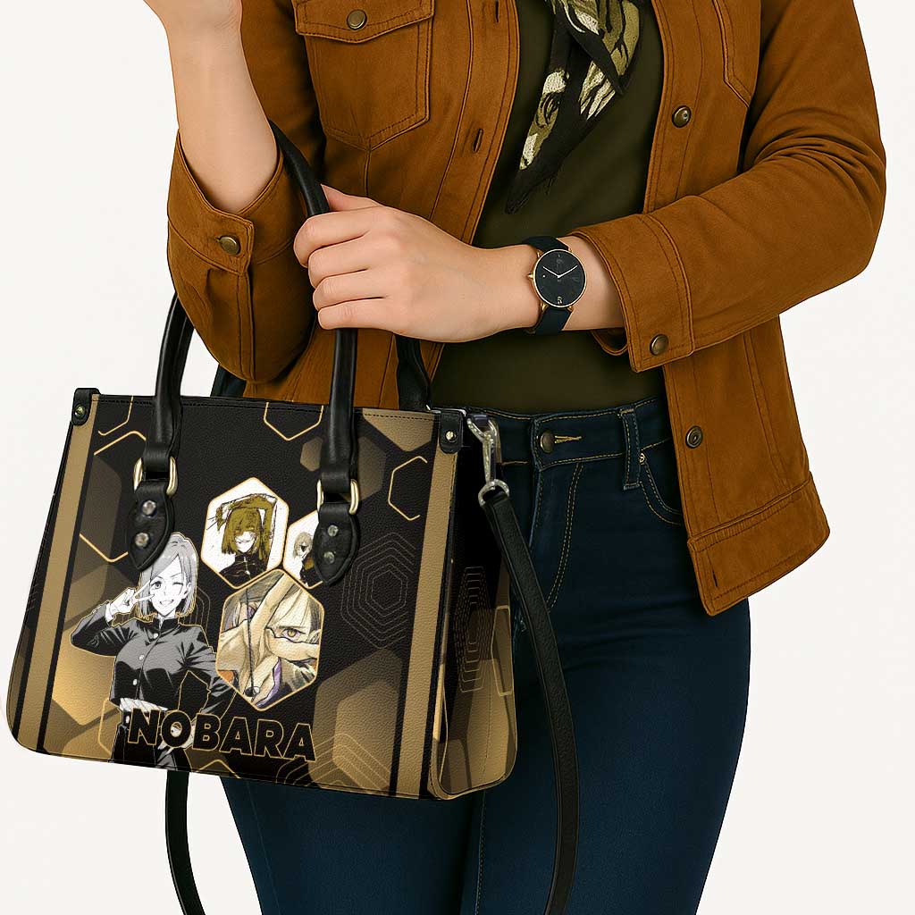Nobara Kugisaki Jujutsu Kaisen Gold Hexagon Design Leather Bag with Confident Expressions and Manga Style Art - The Mazicc