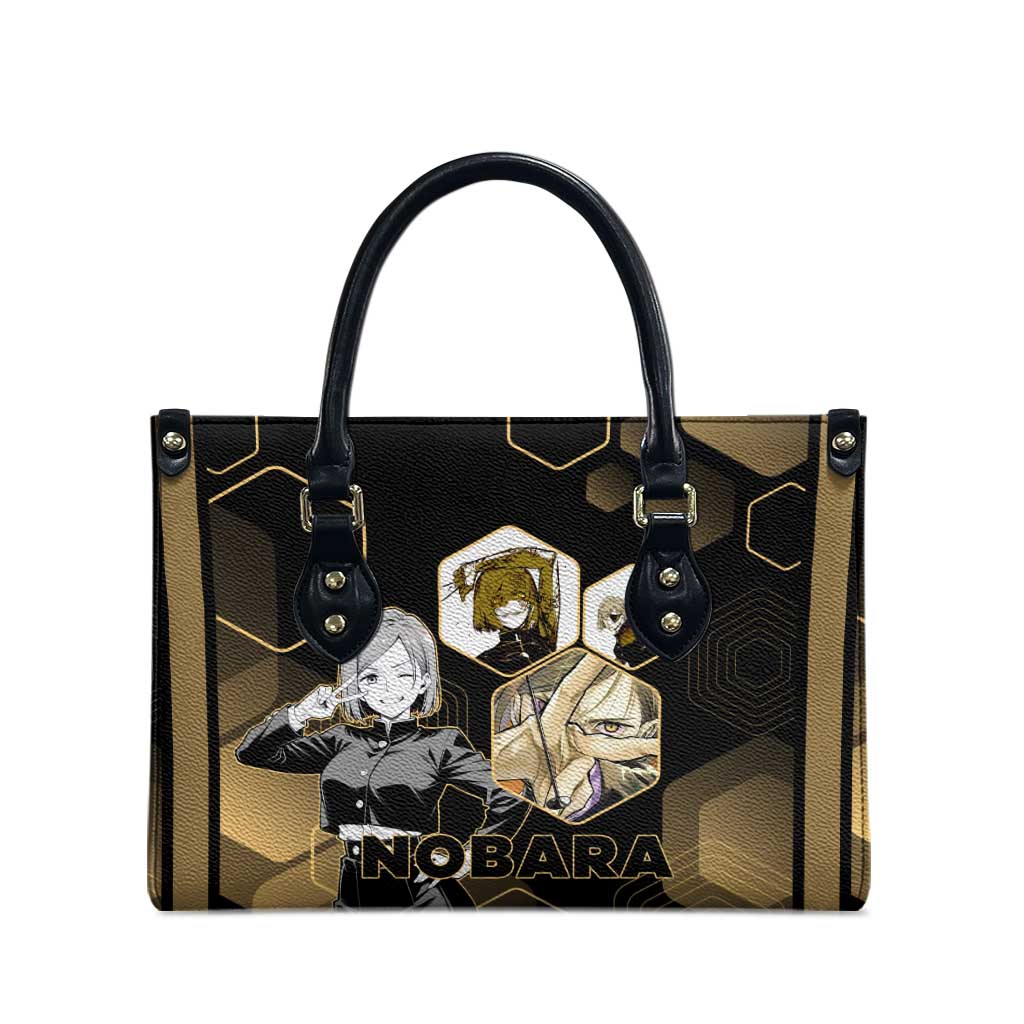 Nobara Kugisaki Jujutsu Kaisen Gold Hexagon Design Leather Bag with Confident Expressions and Manga Style Art - The Mazicc