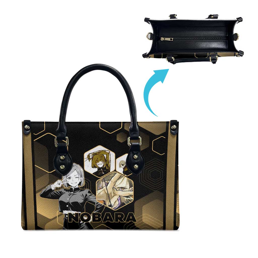 Nobara Kugisaki Jujutsu Kaisen Gold Hexagon Design Leather Bag with Confident Expressions and Manga Style Art - The Mazicc