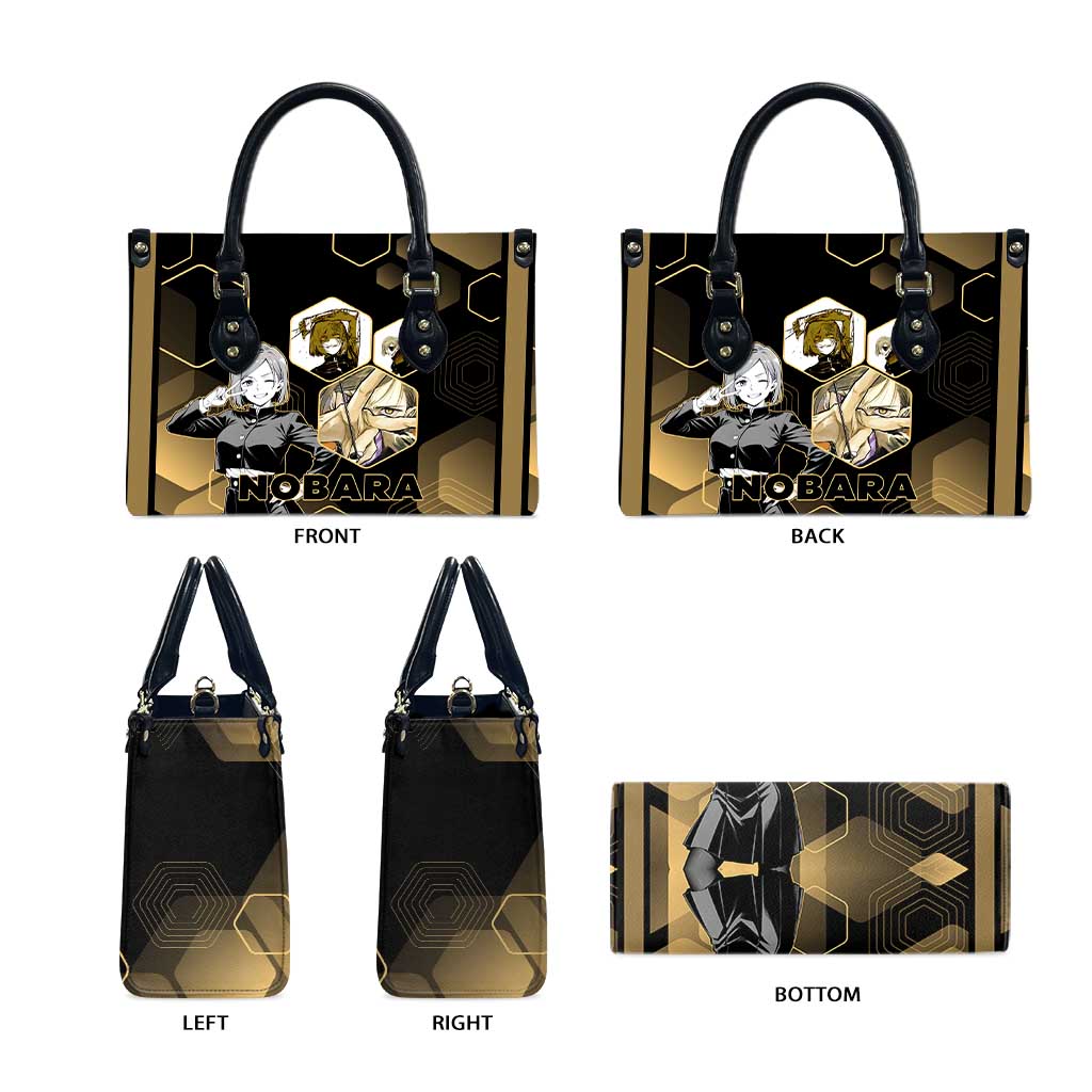 Nobara Kugisaki Jujutsu Kaisen Gold Hexagon Design Leather Bag with Confident Expressions and Manga Style Art - The Mazicc