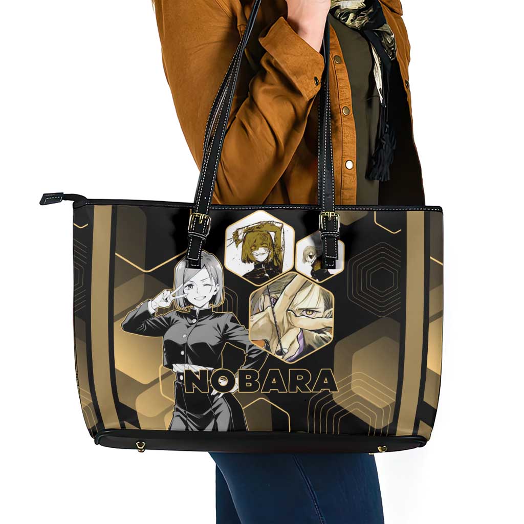 Nobara Kugisaki Jujutsu Kaisen Gold Hexagon Design Leather Tote Bag with Confident Expressions and Manga Style Art - The Mazicc