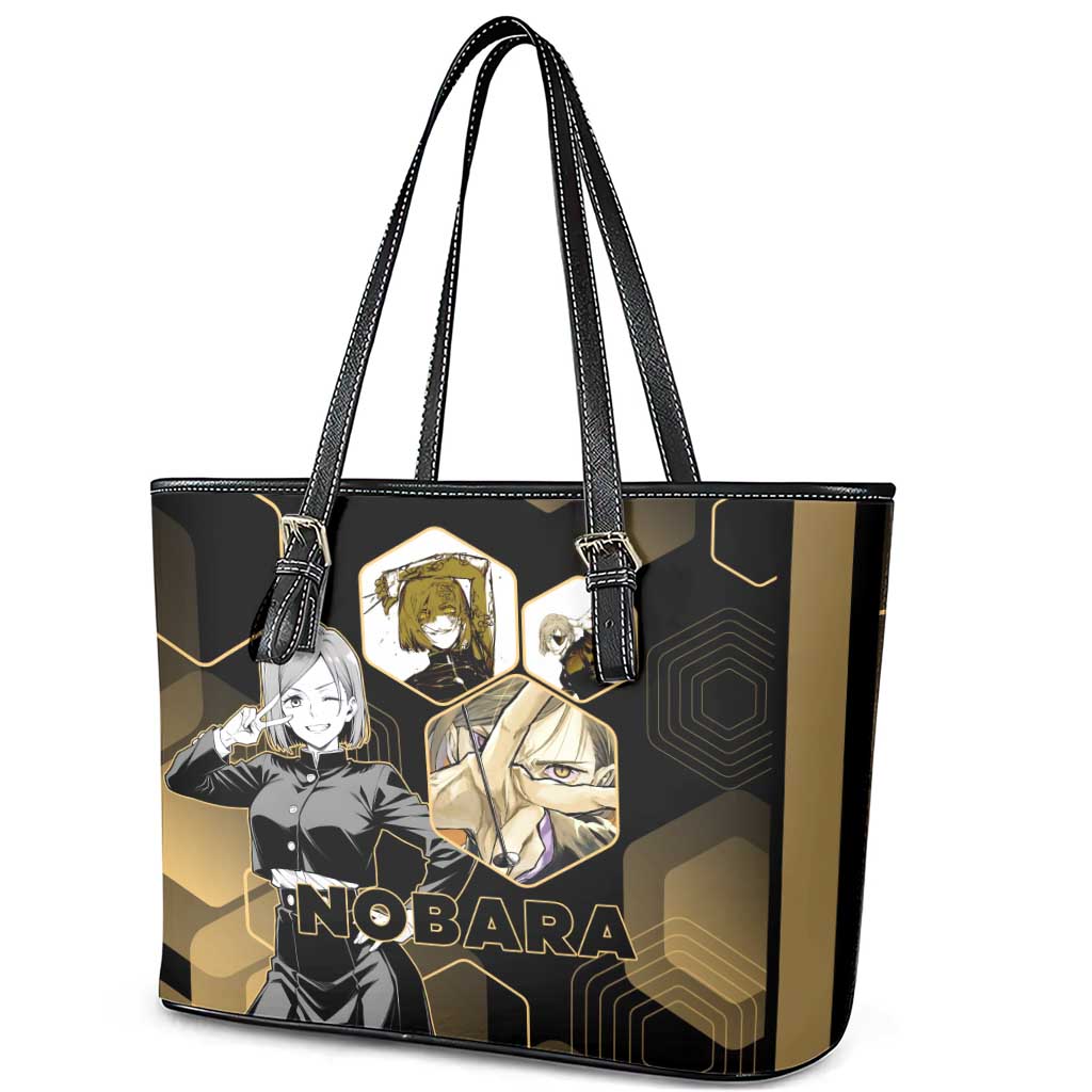 Nobara Kugisaki Jujutsu Kaisen Gold Hexagon Design Leather Tote Bag with Confident Expressions and Manga Style Art - The Mazicc