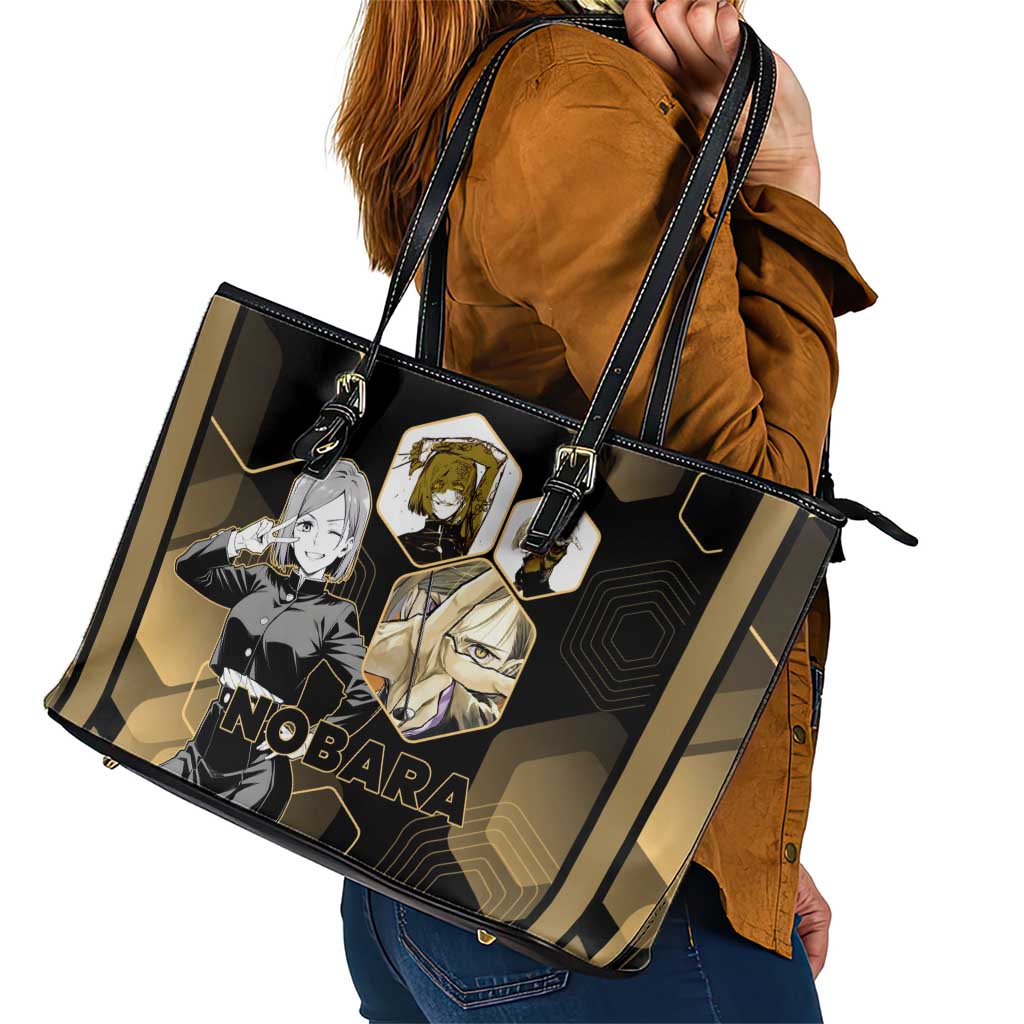 Nobara Kugisaki Jujutsu Kaisen Gold Hexagon Design Leather Tote Bag with Confident Expressions and Manga Style Art - The Mazicc