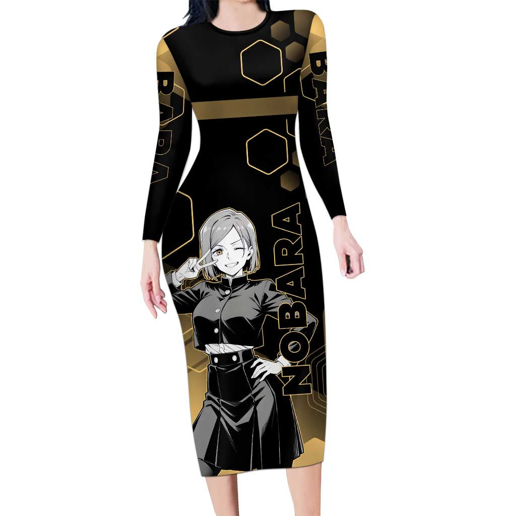 Nobara Kugisaki Jujutsu Kaisen Gold Hexagon Design Long Sleeve Bodycon Dress with Confident Expressions and Manga Style Art - The Mazicc