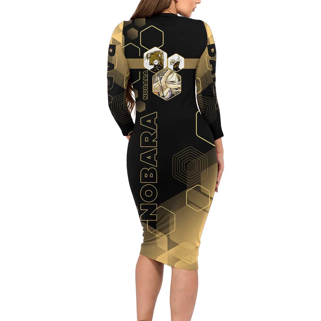 Nobara Kugisaki Jujutsu Kaisen Gold Hexagon Design Long Sleeve Bodycon Dress with Confident Expressions and Manga Style Art - The Mazicc