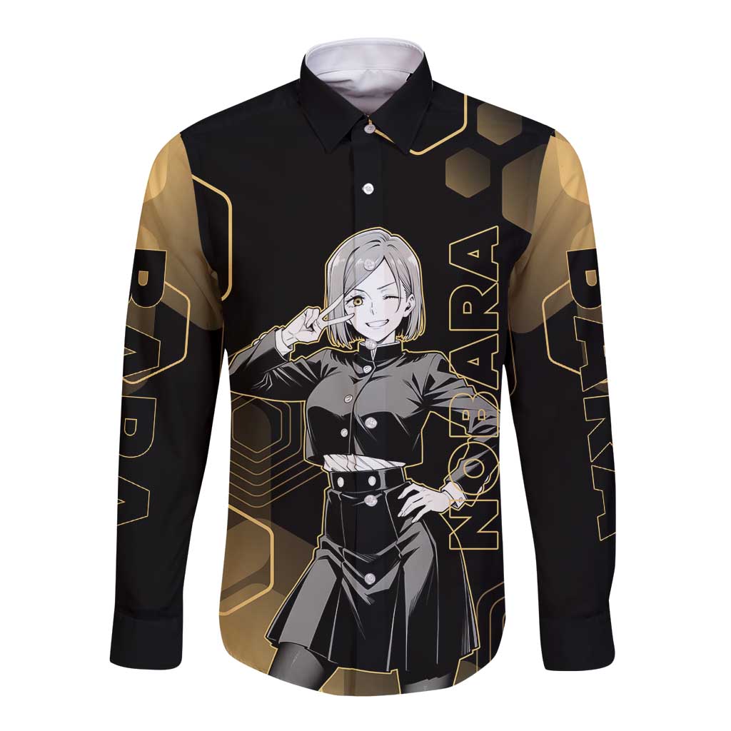 Nobara Kugisaki Jujutsu Kaisen Gold Hexagon Design Long Sleeve Button Shirt with Confident Expressions and Manga Style Art - The Mazicc