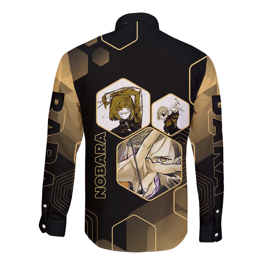 Nobara Kugisaki Jujutsu Kaisen Gold Hexagon Design Long Sleeve Button Shirt with Confident Expressions and Manga Style Art - The Mazicc