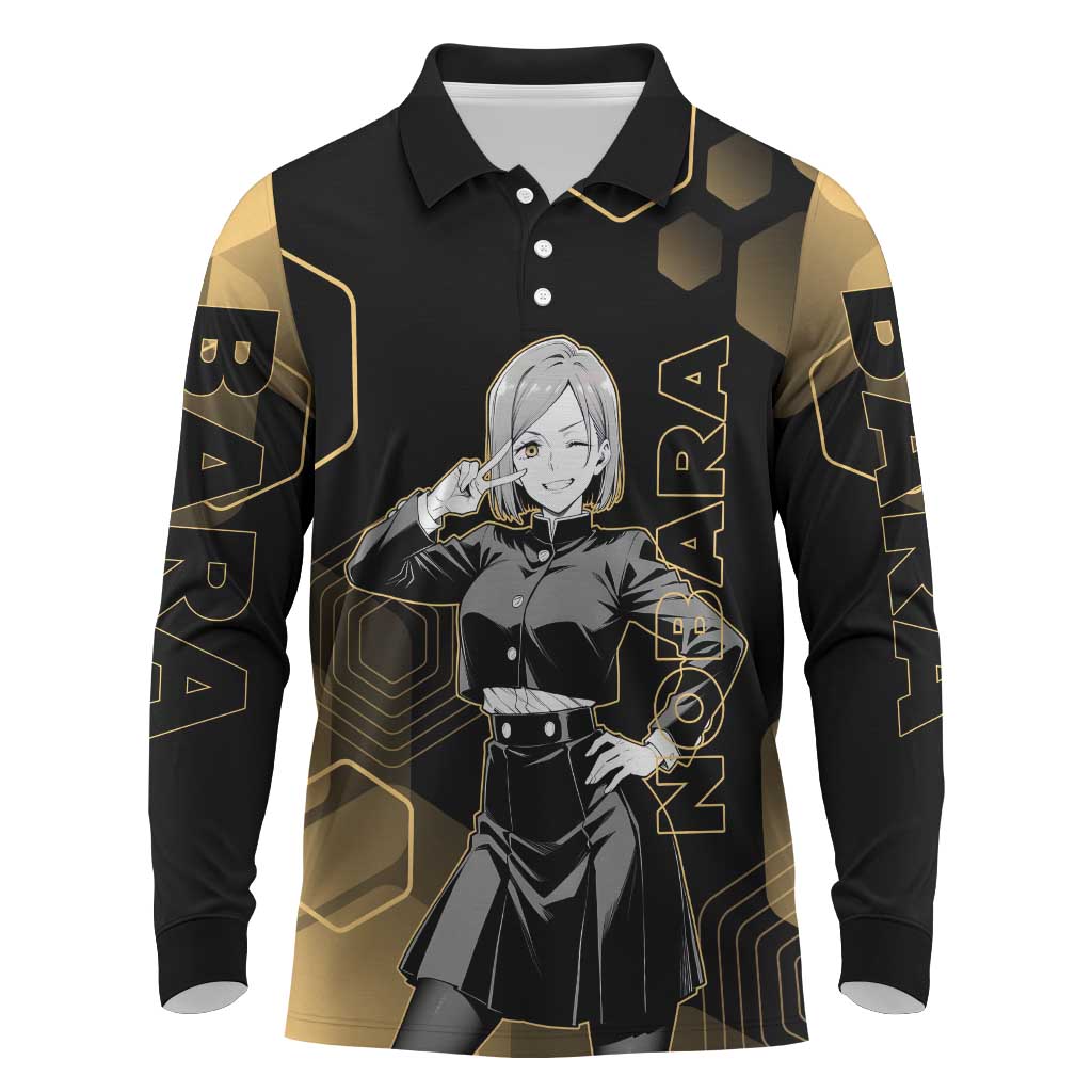 Nobara Kugisaki Jujutsu Kaisen Gold Hexagon Design Long Sleeve Polo Shirt with Confident Expressions and Manga Style Art - The Mazicc