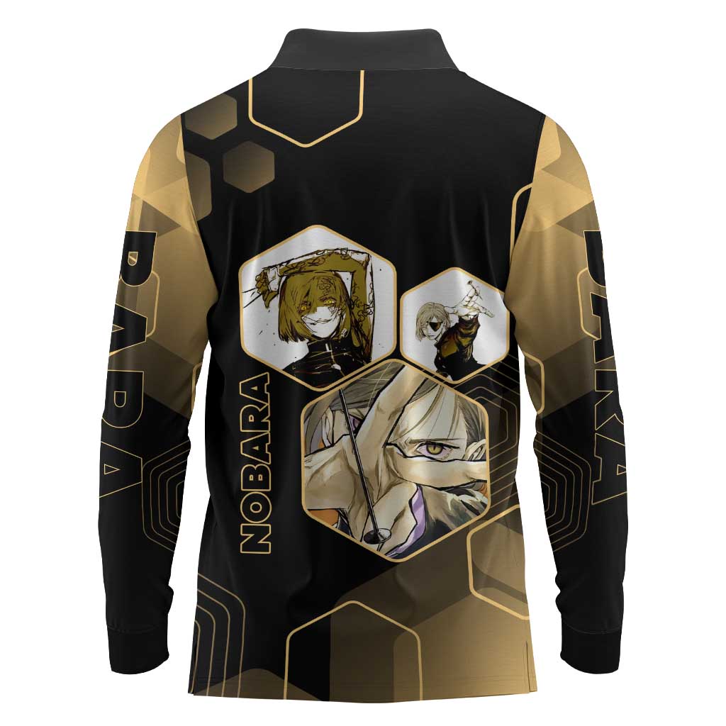 Nobara Kugisaki Jujutsu Kaisen Gold Hexagon Design Long Sleeve Polo Shirt with Confident Expressions and Manga Style Art - The Mazicc