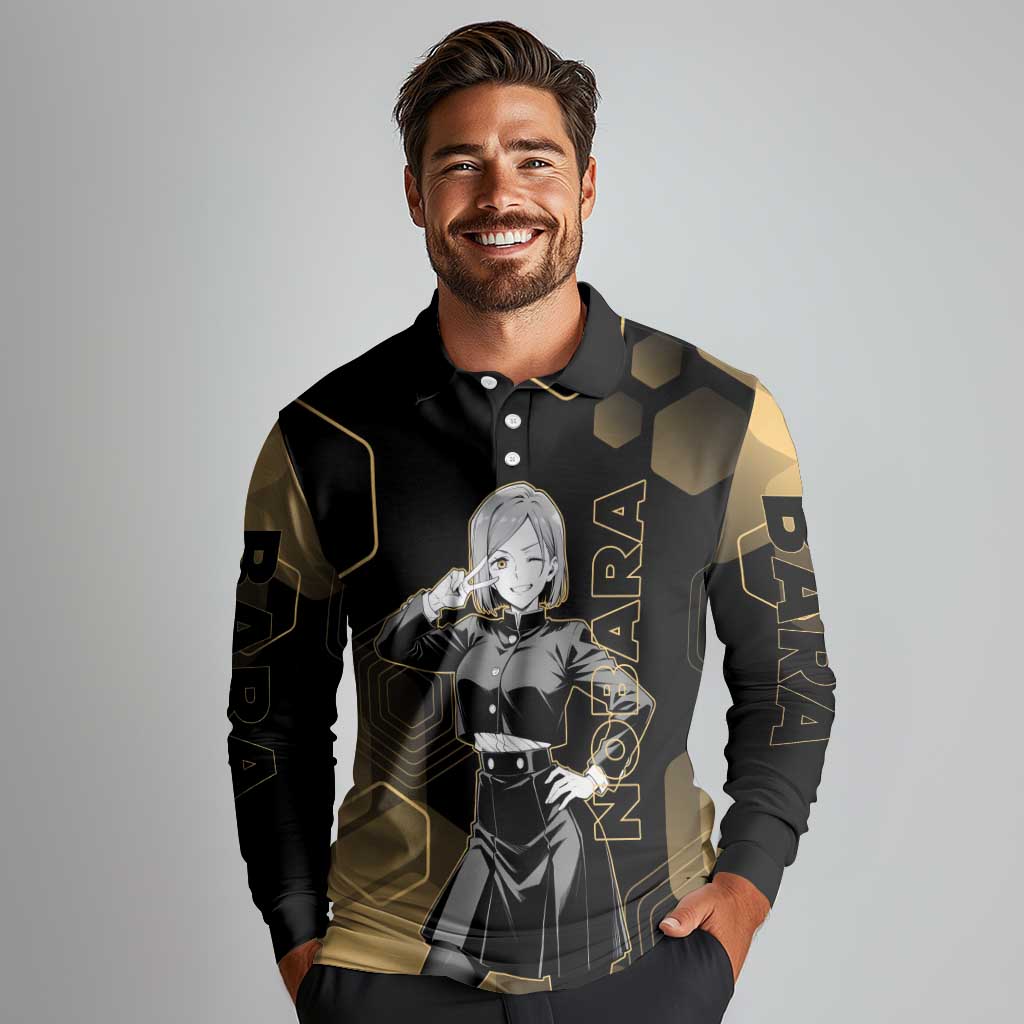 Nobara Kugisaki Jujutsu Kaisen Gold Hexagon Design Long Sleeve Polo Shirt with Confident Expressions and Manga Style Art - The Mazicc